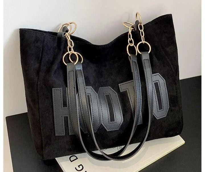 Premium Black Suede Tote Bag with Gold Chain Handles
